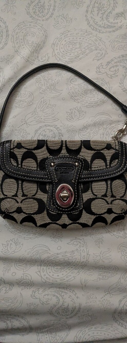 Coach Signature Canvas Black and Tan Wristlet